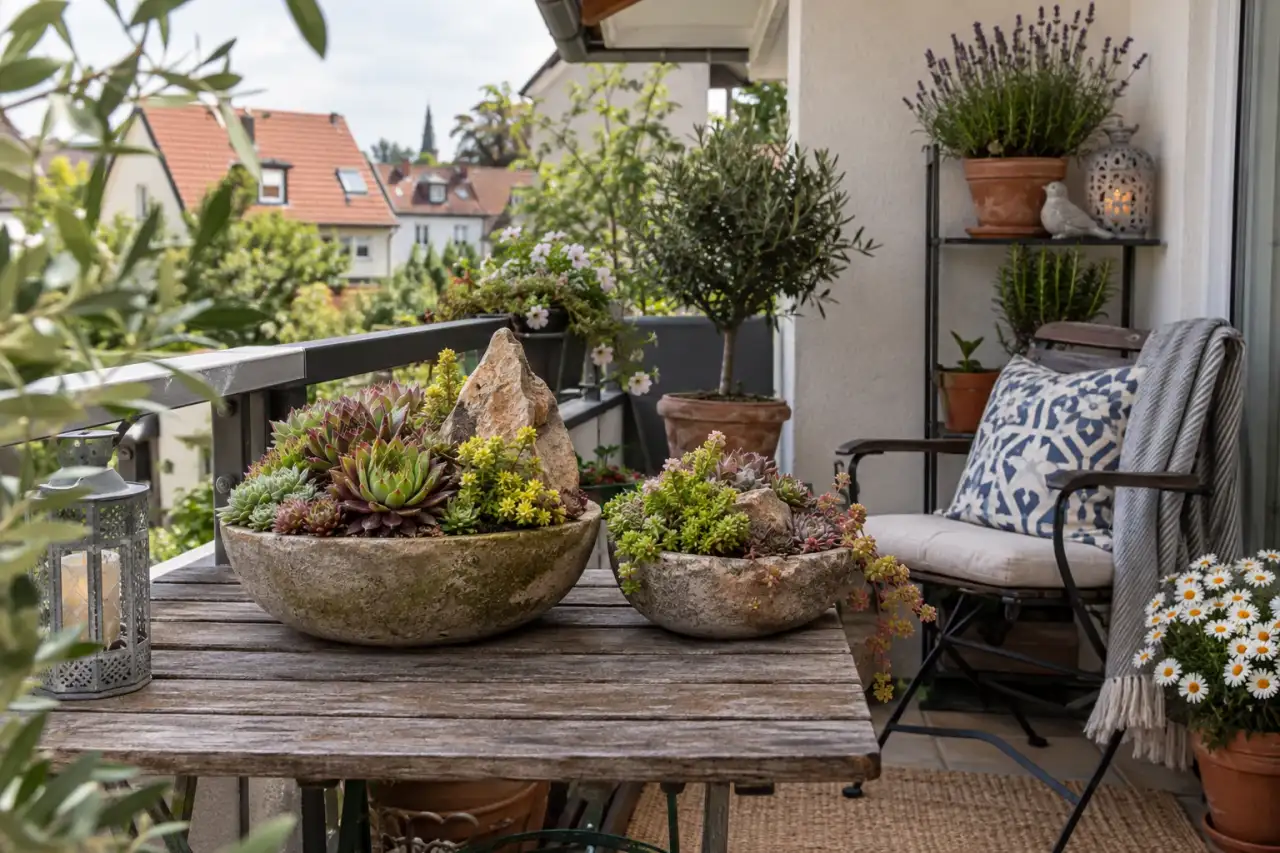 Dekorative Hauswurzkomposition in Schalen auf einer deutschen Terrasse.