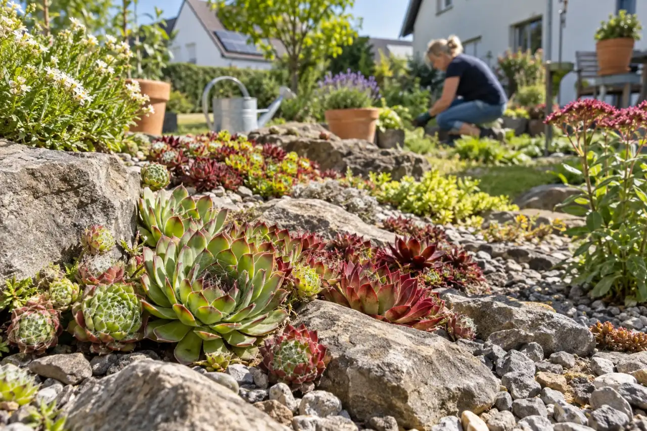 Hauswurzrosetten zwischen verwitterten Steinen.