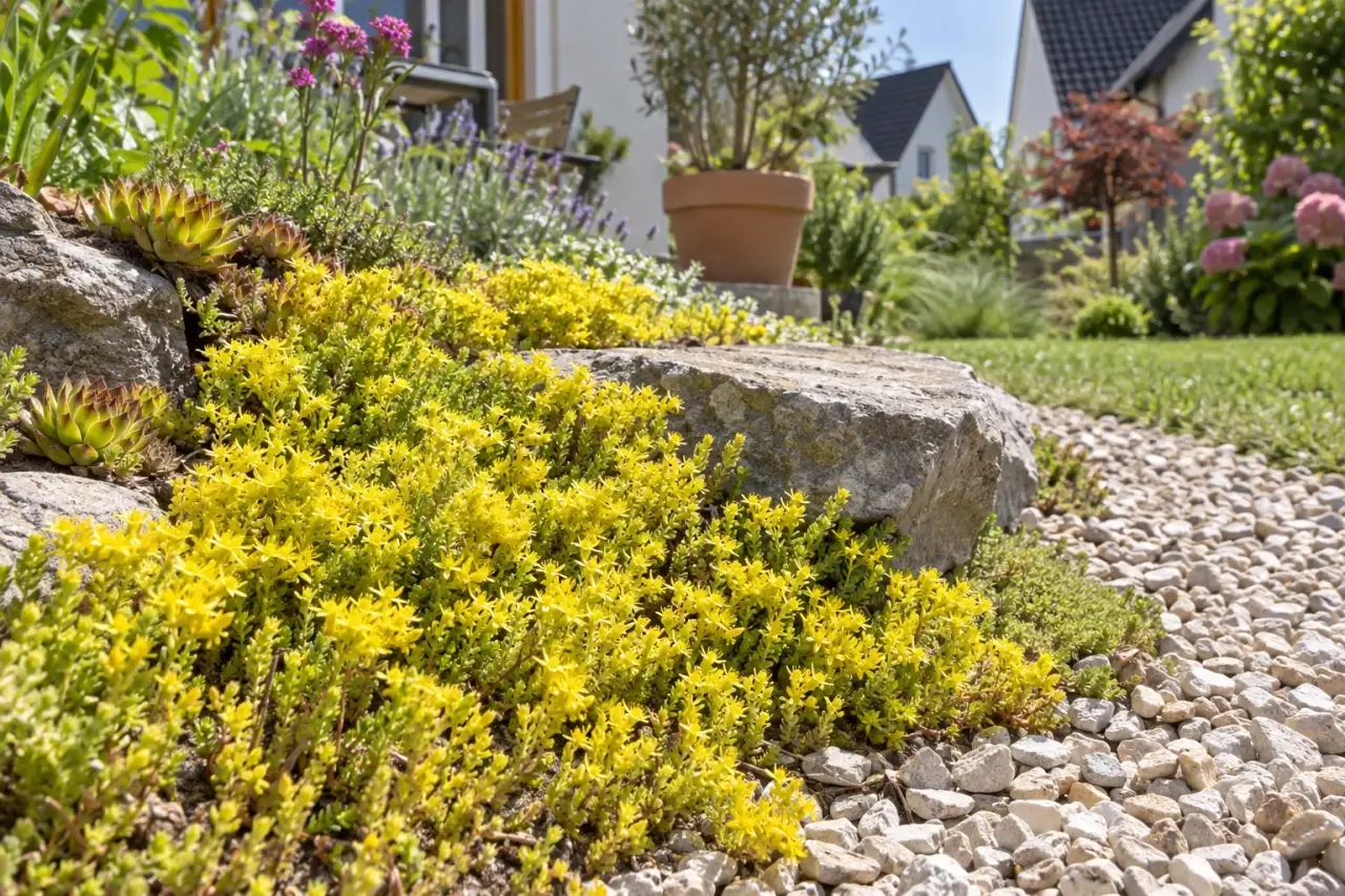 Niedrige Polster des Scharfen Mauerpfeffers im Kies.