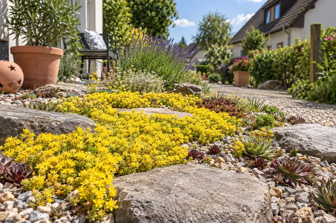 Sedum verbindet sichtbare Steine und Hauswurz im Kiesrand.