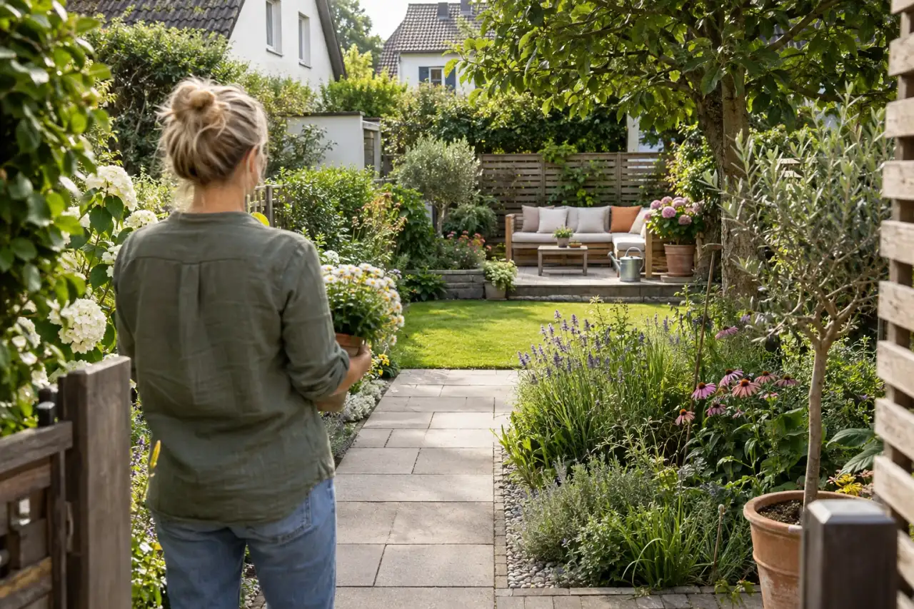 Eine Person betrachtet vom Eingang aus Weg, Sitzplatz, Beete und den Gartenabschluss.