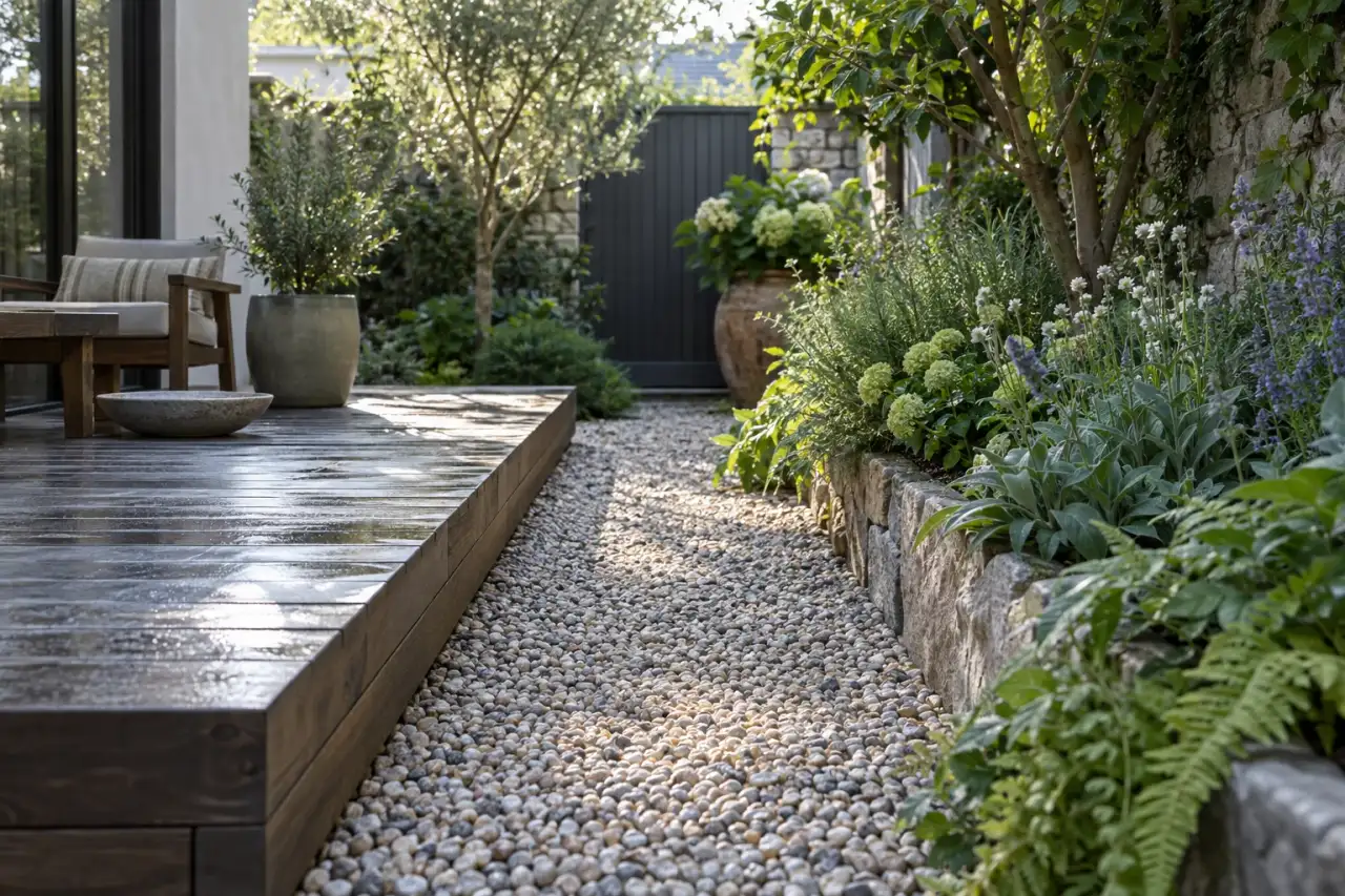 Morgenlicht verbindet hellen Kies, Terrasse und Pflanzbeet in einem kleinen Garten.