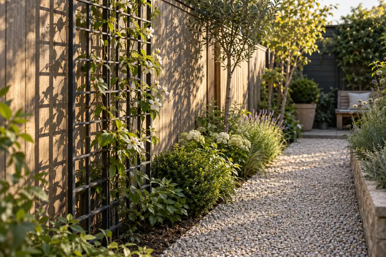 Das Rankgitter wirft feine Schatten auf Grenze und hellen Gartenweg.