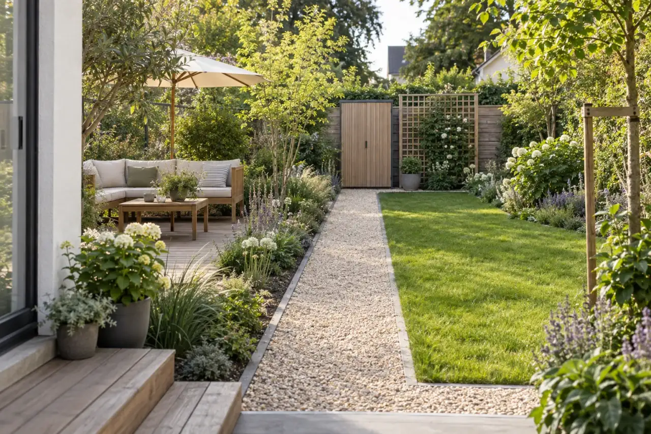 Eine reale Gartenszene zeigt Weg, Sitzplatz, Zierbeet, freie Fläche, Stauraum und Rankgitter.