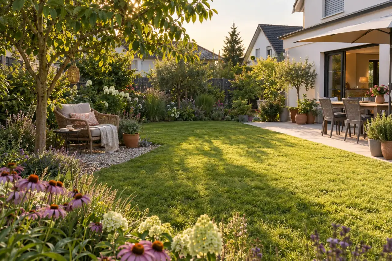 Ein größerer kleiner Garten lässt Mitte, Terrasse, Baum und Randbeete zusammenwirken.