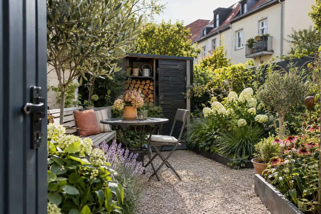 Ein kompakter Minigarten bündelt Sitzplatz, freie Mitte und Randbeete.
