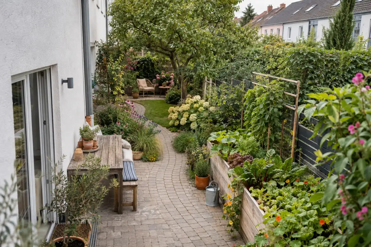 Ein schmaler Garten nutzt die Länge mit Weg, Sitzbank, Nutzstreifen und Blütenziel.