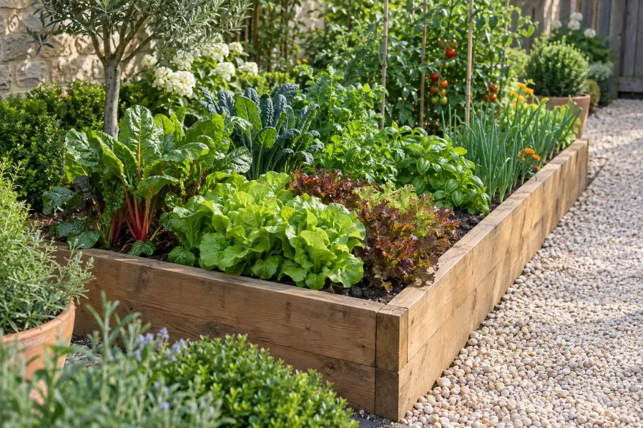 Ein kompaktes Nutzbeet liegt erreichbar am Rand eines kleinen Gartenwegs.