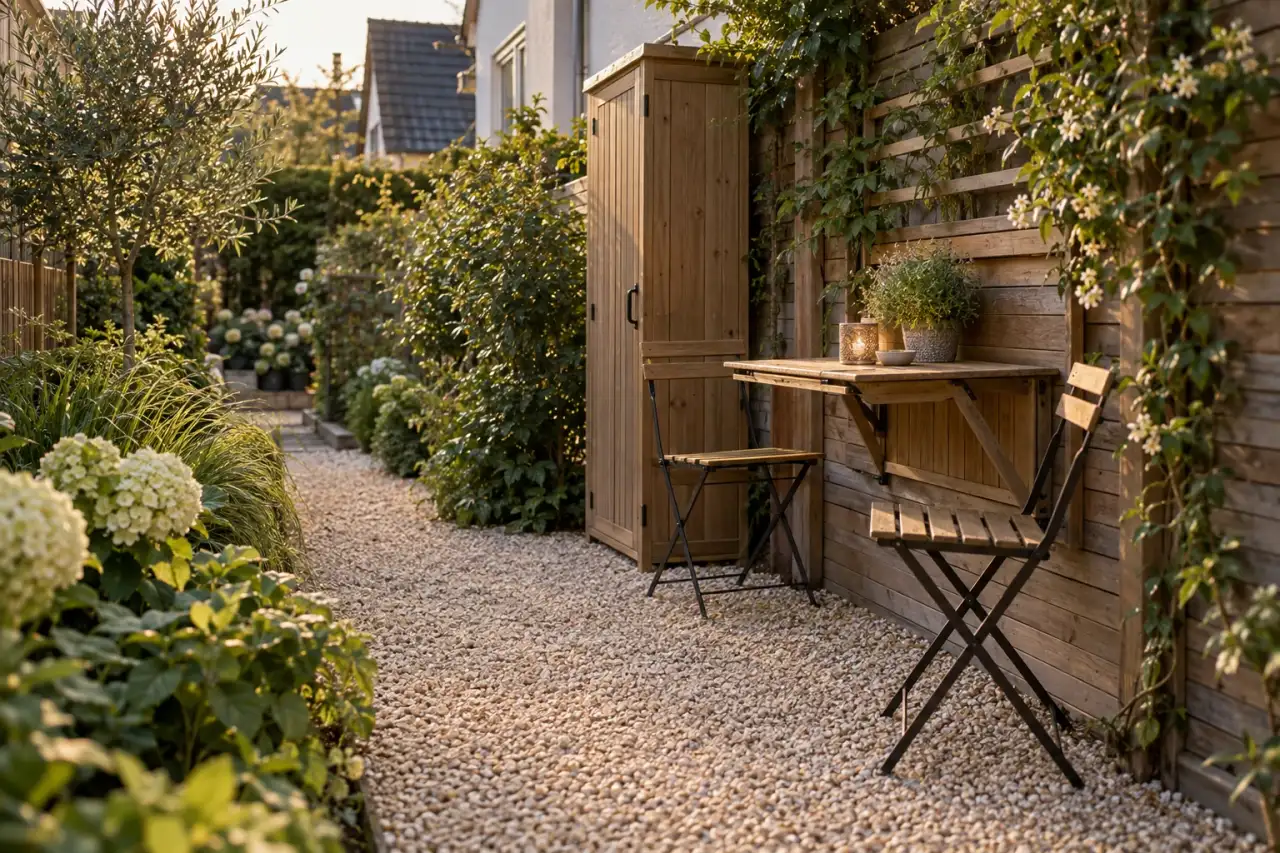 Ein Klapptisch, schmaler Stauraum und vertikales Grün halten den Gartenweg frei.