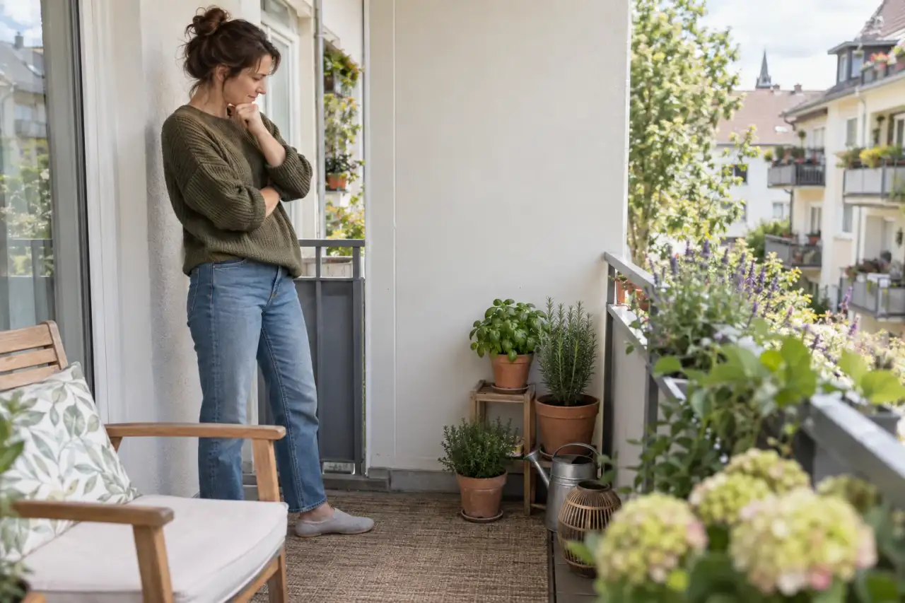 Person prüft auf einem kleinen Balkon Platz und Wirkung für Kräutertöpfe.