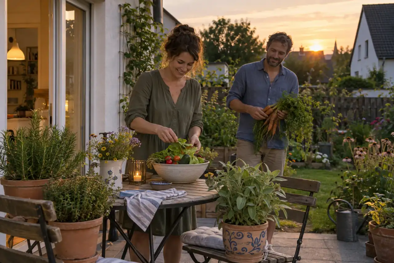 Duftende Kräuterkübel am deutschen Sitzplatz im Sommerabendlicht.