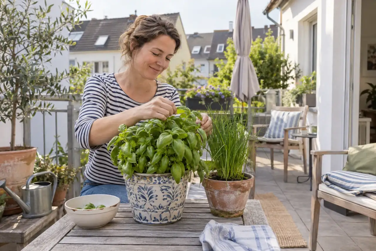 Basilikum im eigenen Topf neben einem separaten Schnittlauchtopf auf der Terrasse.