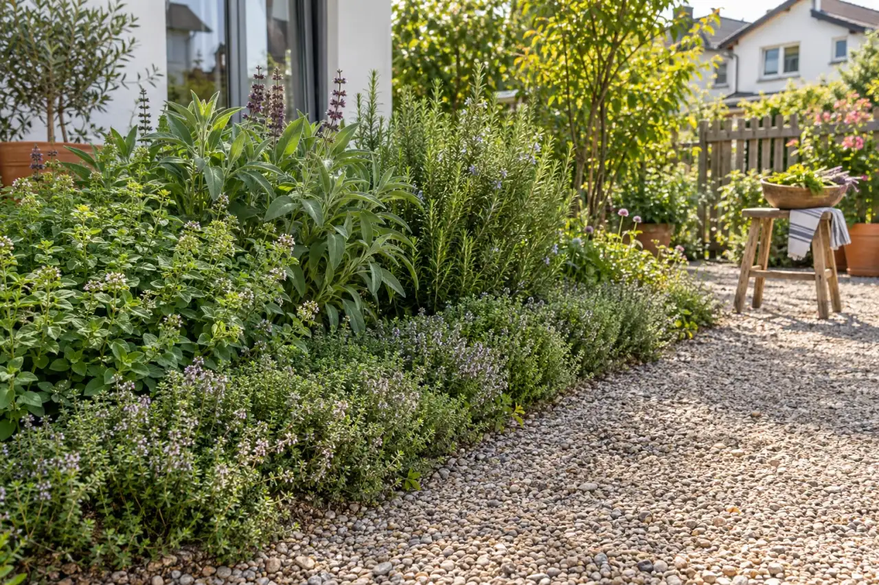 Sonnige Kräutergruppe mit Thymian, Salbei, Oregano und Rosmarin am Gartenweg.