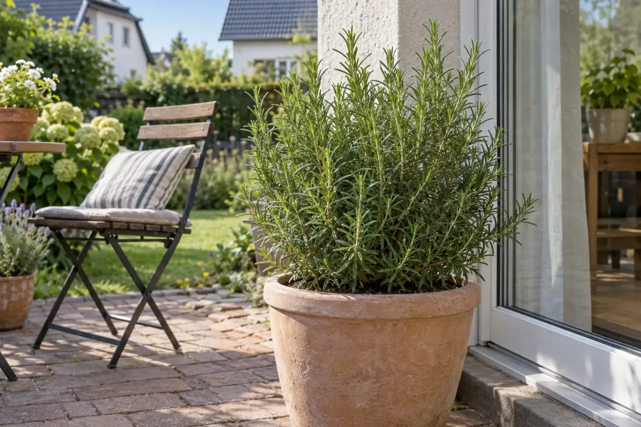 Rosmarin im großen Topf neben einer deutschen Terrassentür.