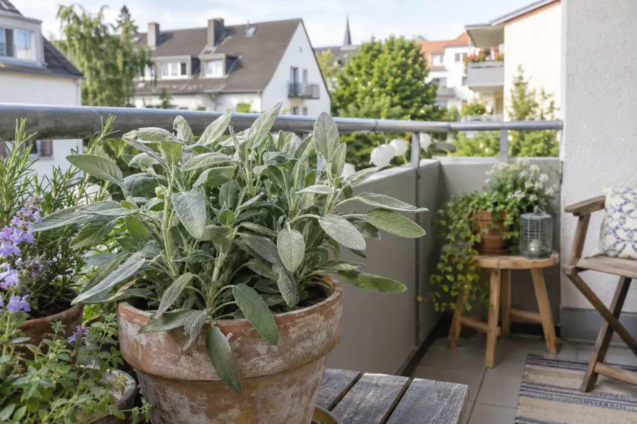 Silbriger Salbei im Topf auf einem deutschen Balkon.