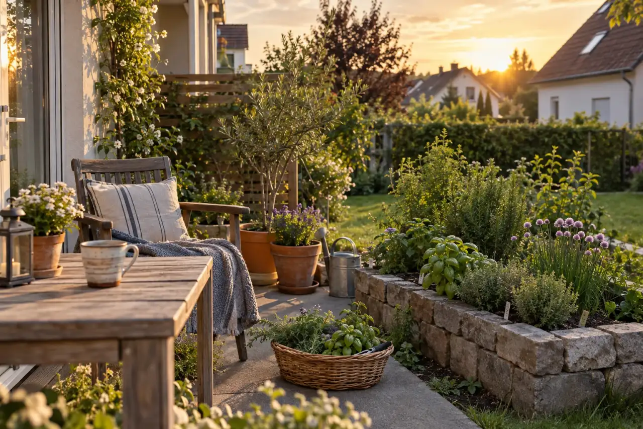 Fertiger, alltagstauglicher Kräutergarten am ruhigen deutschen Sitzplatz.