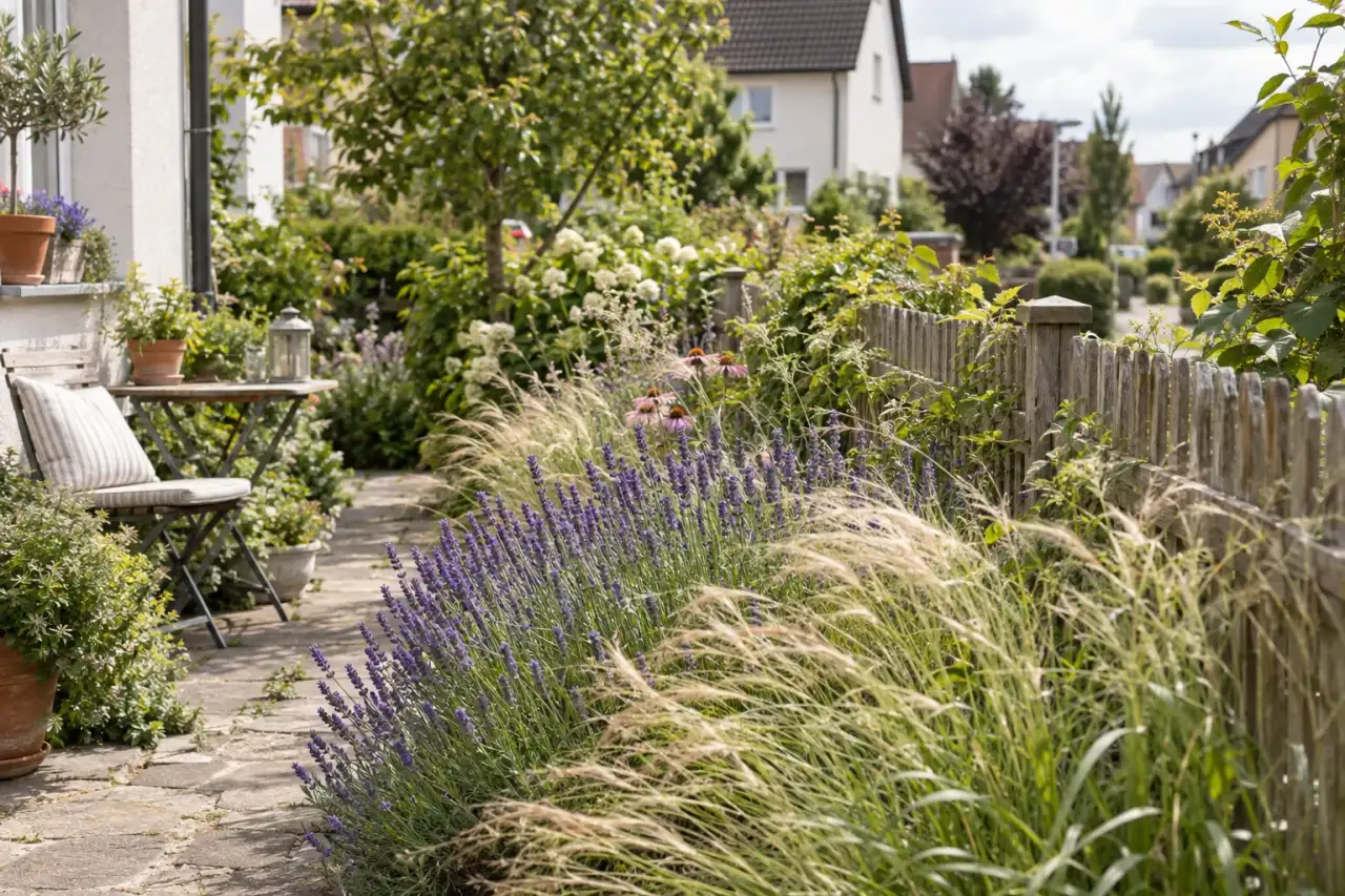 Gräser und Lavendel bewegen sich gemeinsam im Sommerwind.