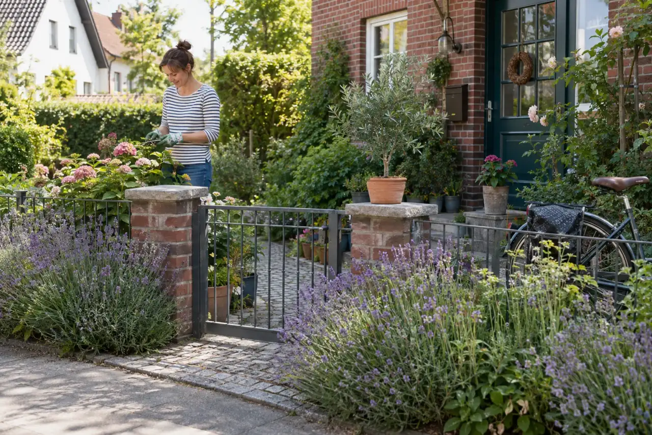 Lavendel begrüßt am Eingang eines einfachen Hausgartens.