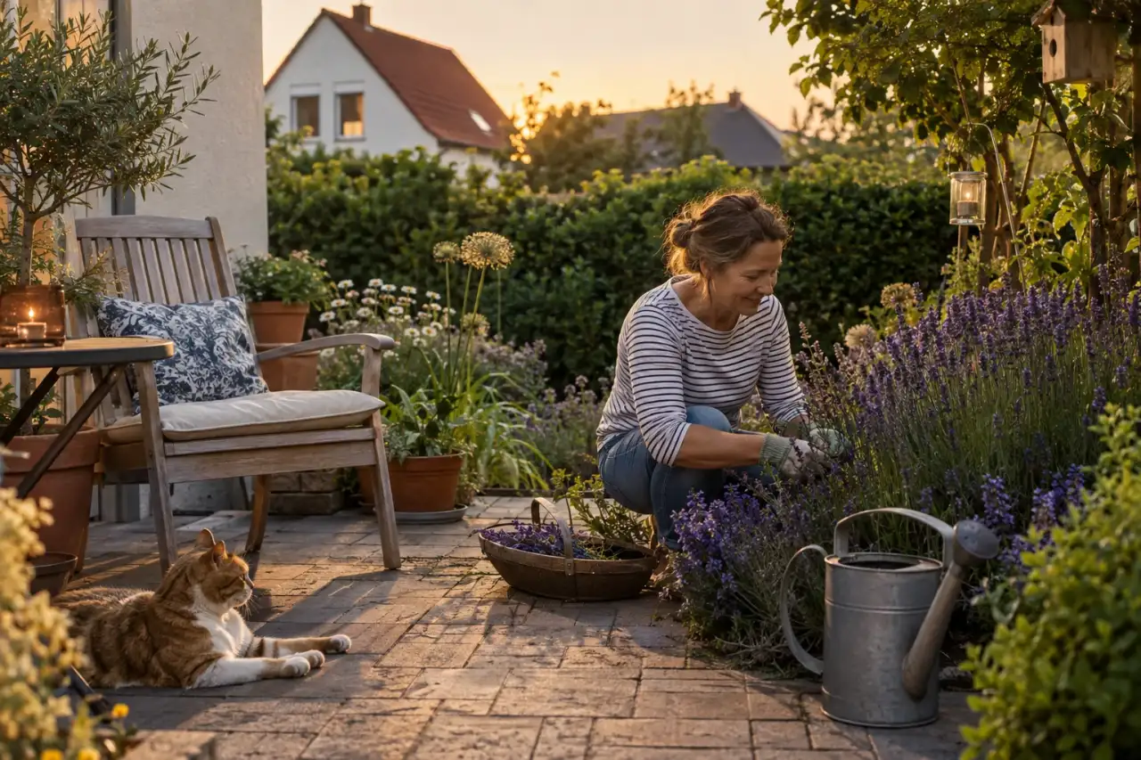Ein Stuhl steht im Abendlicht neben Lavendel und Stauden.