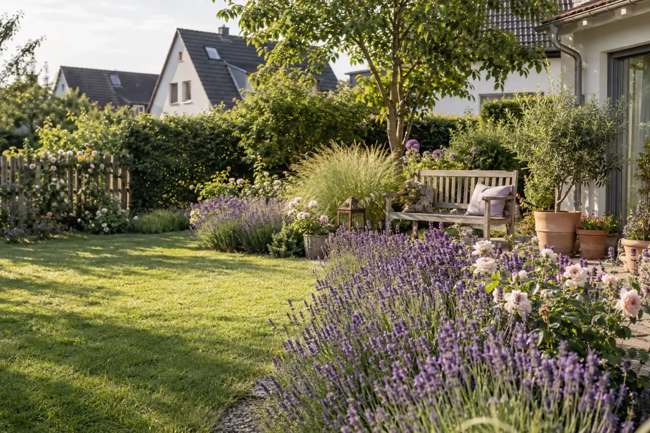 Lavendelbeet führt zu einer schlichten Bank im Garten.