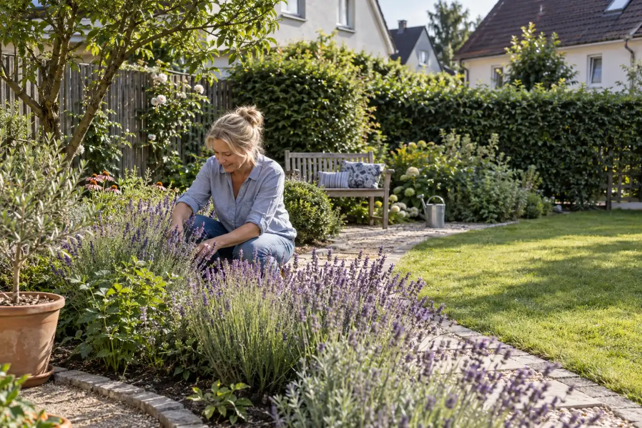 Eine Gartenszene zeigt Lavendel mit Kante, Weg, Sitzplatz, Hintergrund, Gefäß und Rasen.