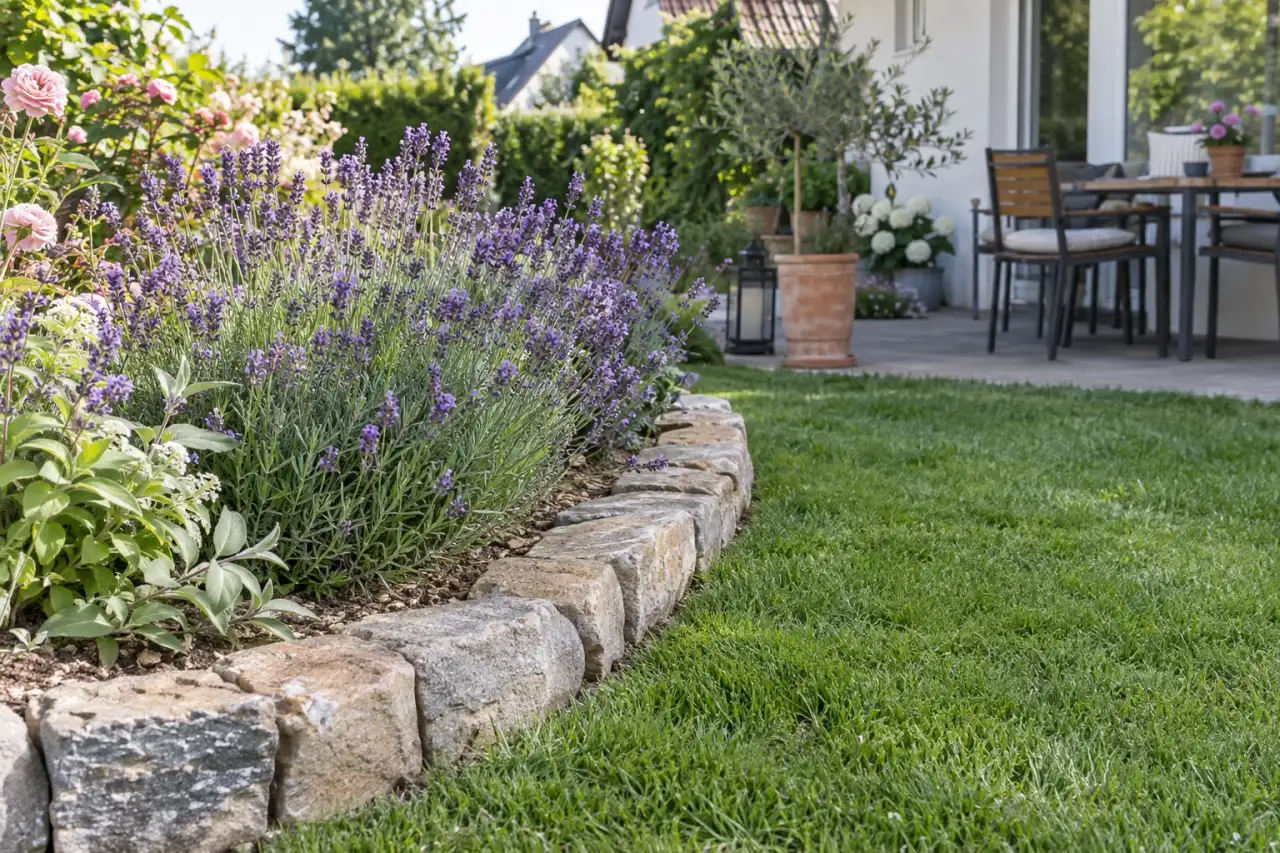 Eine schlichte Kante trennt Lavendel und Rasen.
