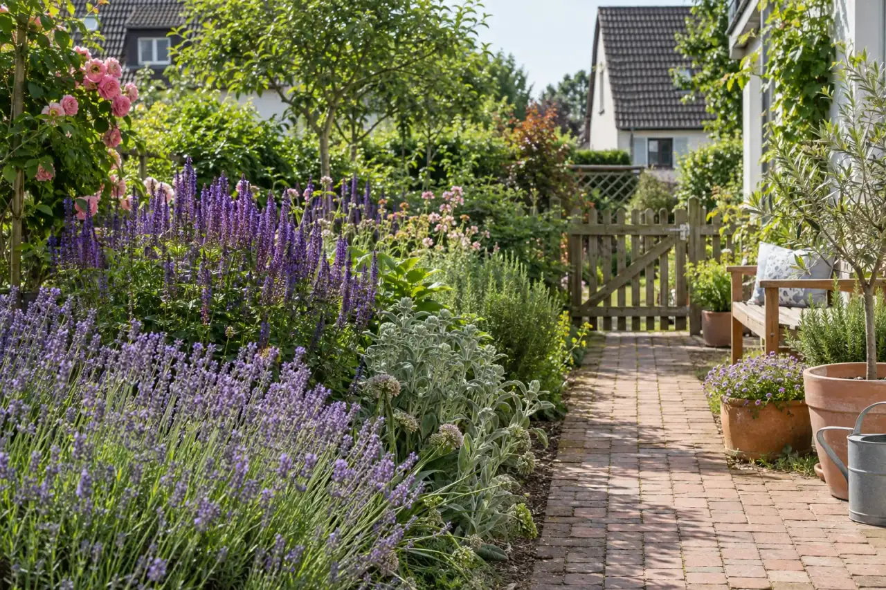 Lavendel und Steppensalbei begleiten einen Gartenweg.