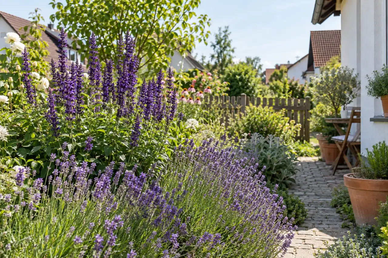 Aufrechter Steppensalbei setzt Akzente zwischen Lavendel.