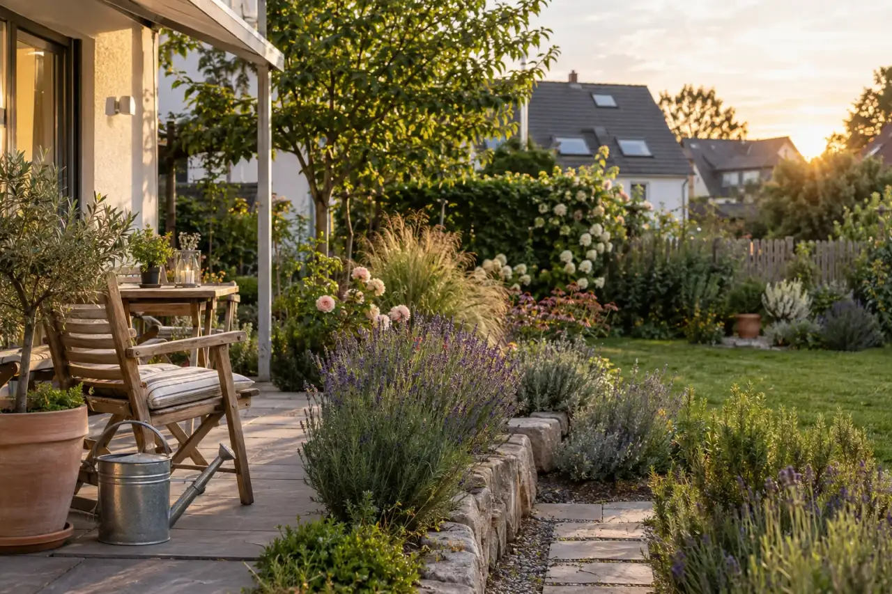 Ein fertiges Lavendelbeet verbindet Terrasse, Weg und Rasen.