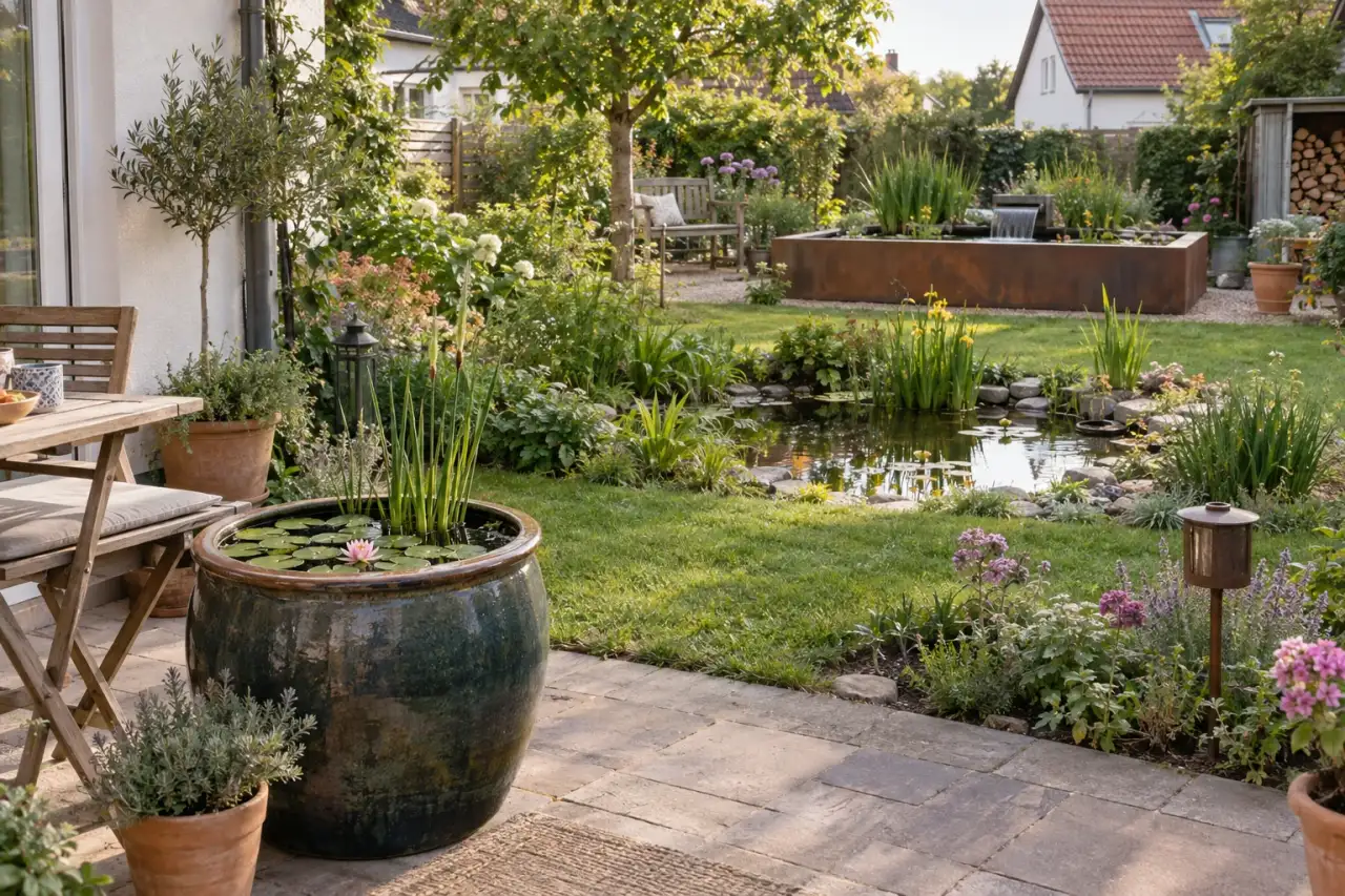 Verschiedene Teichformen in einem realen kleinen Gartenraum.