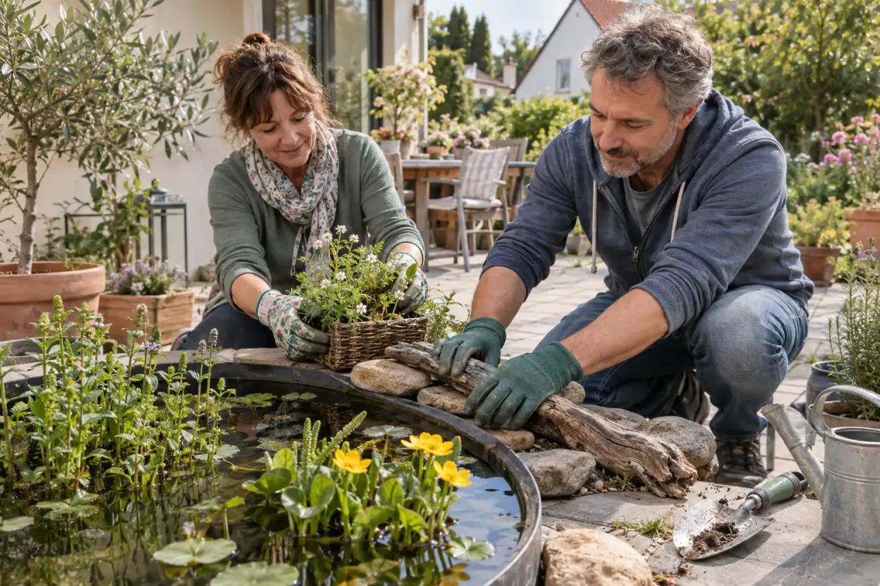 Pflanzen, Steine und Holz werden am Miniteich abgestimmt.