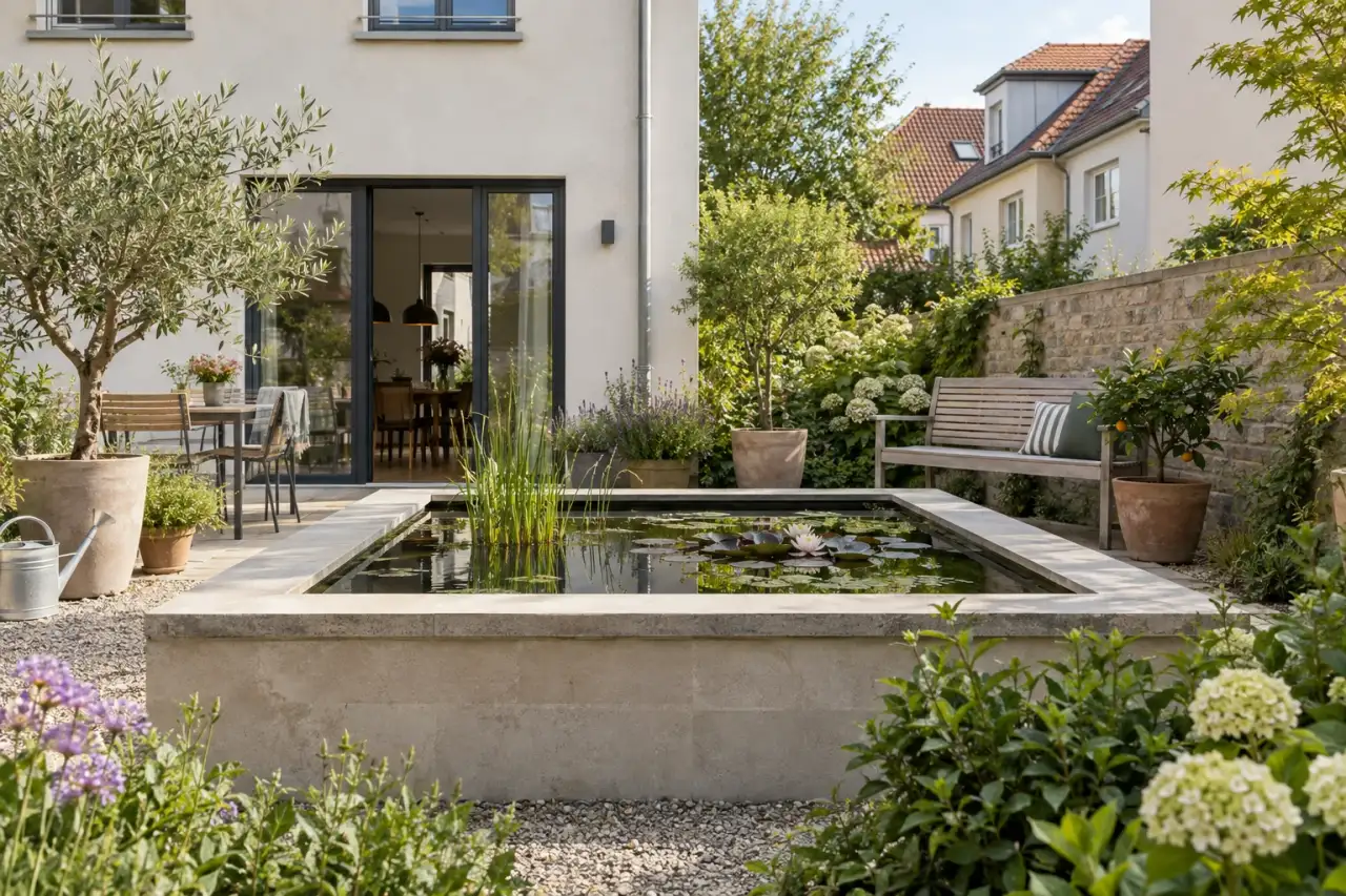 Klare Stimmung mit geradlinigem Hochteich im Innenhof.