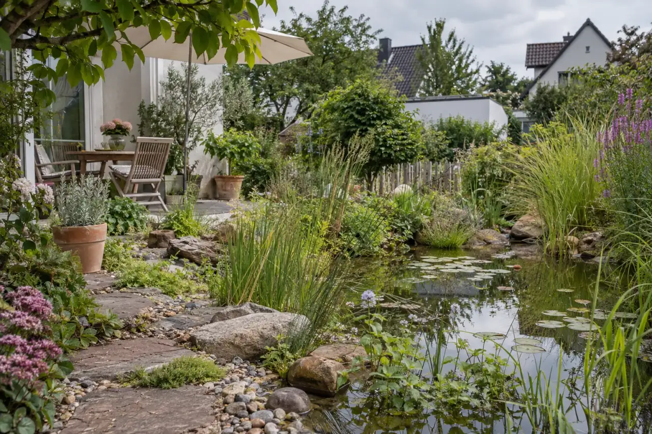 Weiche naturnahe Stimmung an einem kleinen Gartenteich.