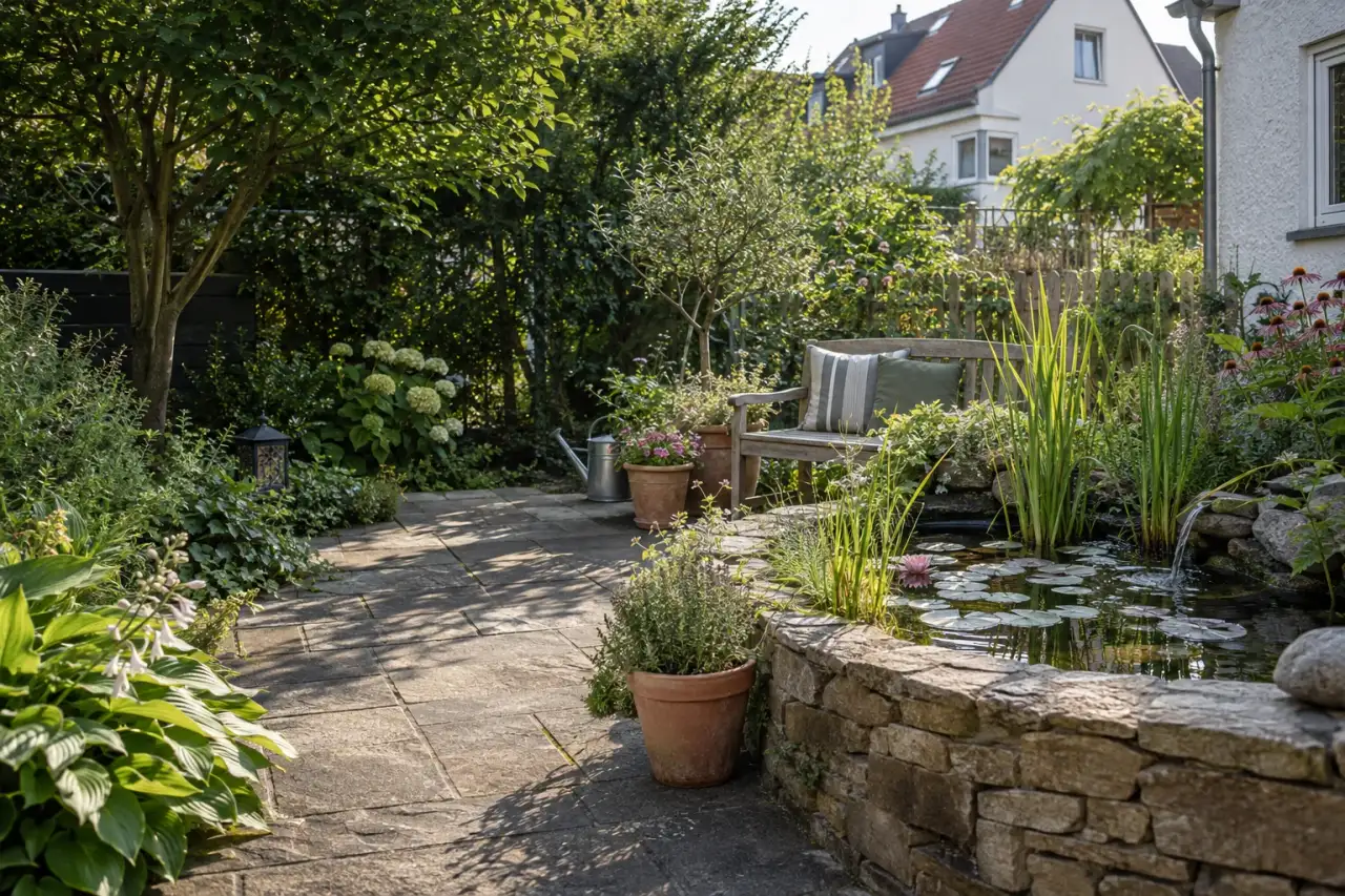 Kleiner Hochteich mit Pflanzen neben einer Bank im Hausgarten.