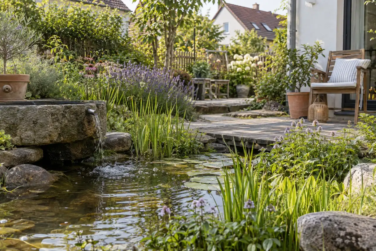 Eine reale Gartenszene mit Wasserfläche, Pflanzen, Gefäß, Sitzplatz, Stein und Wasserspiel.