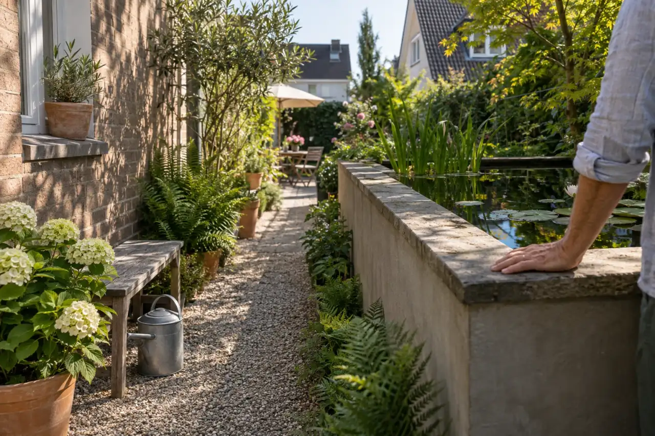 Erhöhter Teich als markante Kante eines Gartenwegs.