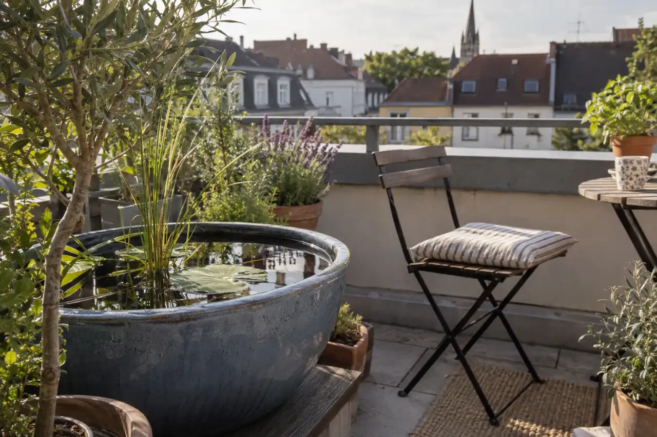 Kompakter Gefäßteich auf einer kleinen Dachterrasse.
