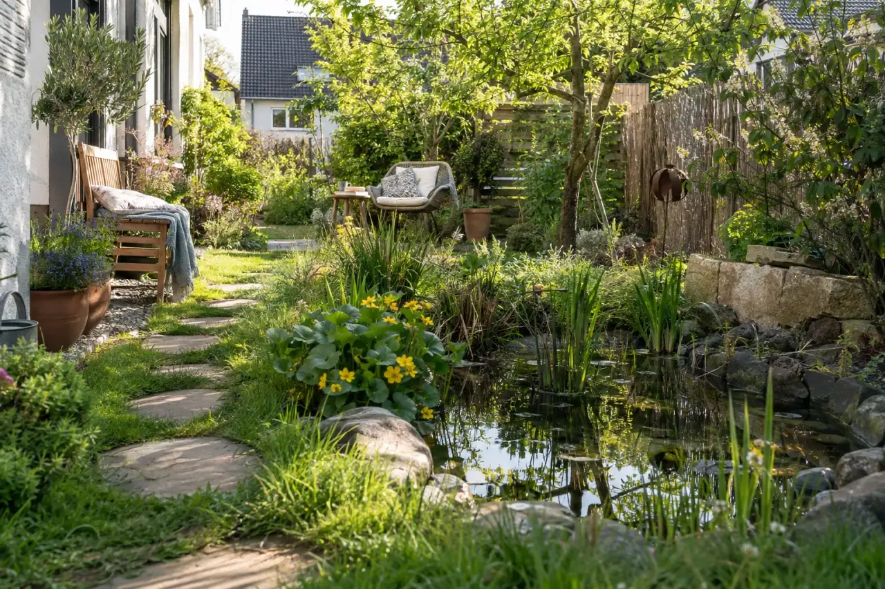 Natürlicher kleiner Gartenteich an einem schmalen Weg.
