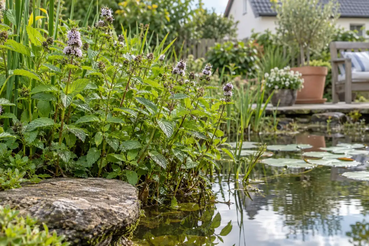 Wasserminze am Rand eines kleinen Teichs.