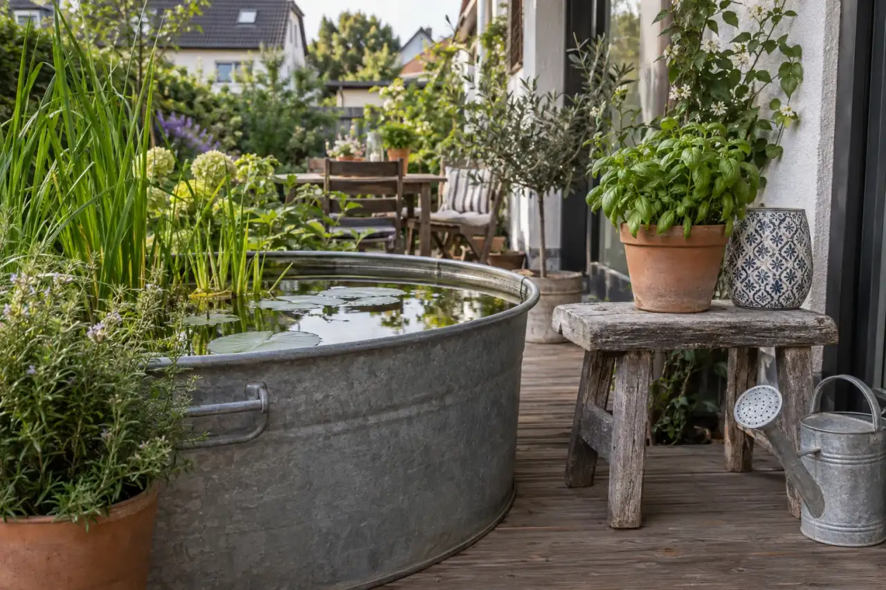 Zinkgefäß und Holz als wohnliche Terrassenkombination.