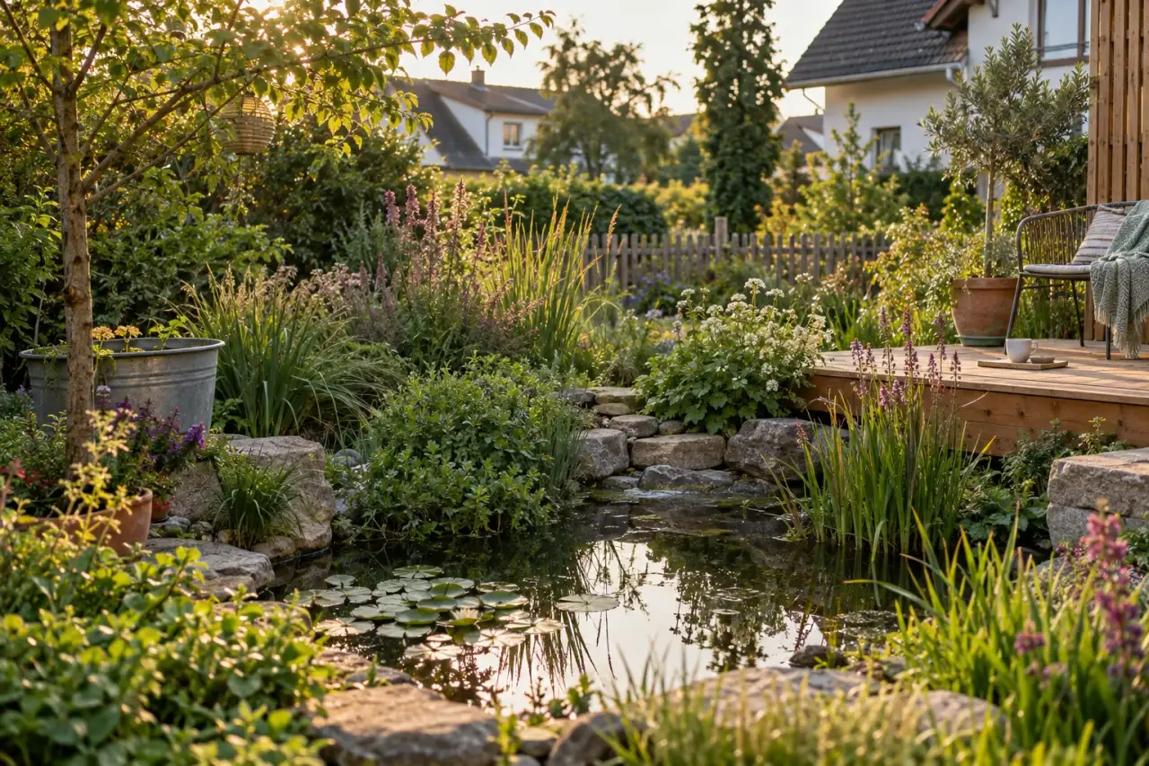 Gestalteter kleiner Teichbereich mit Sitzplatz, Pflanzen und Gefäßen.