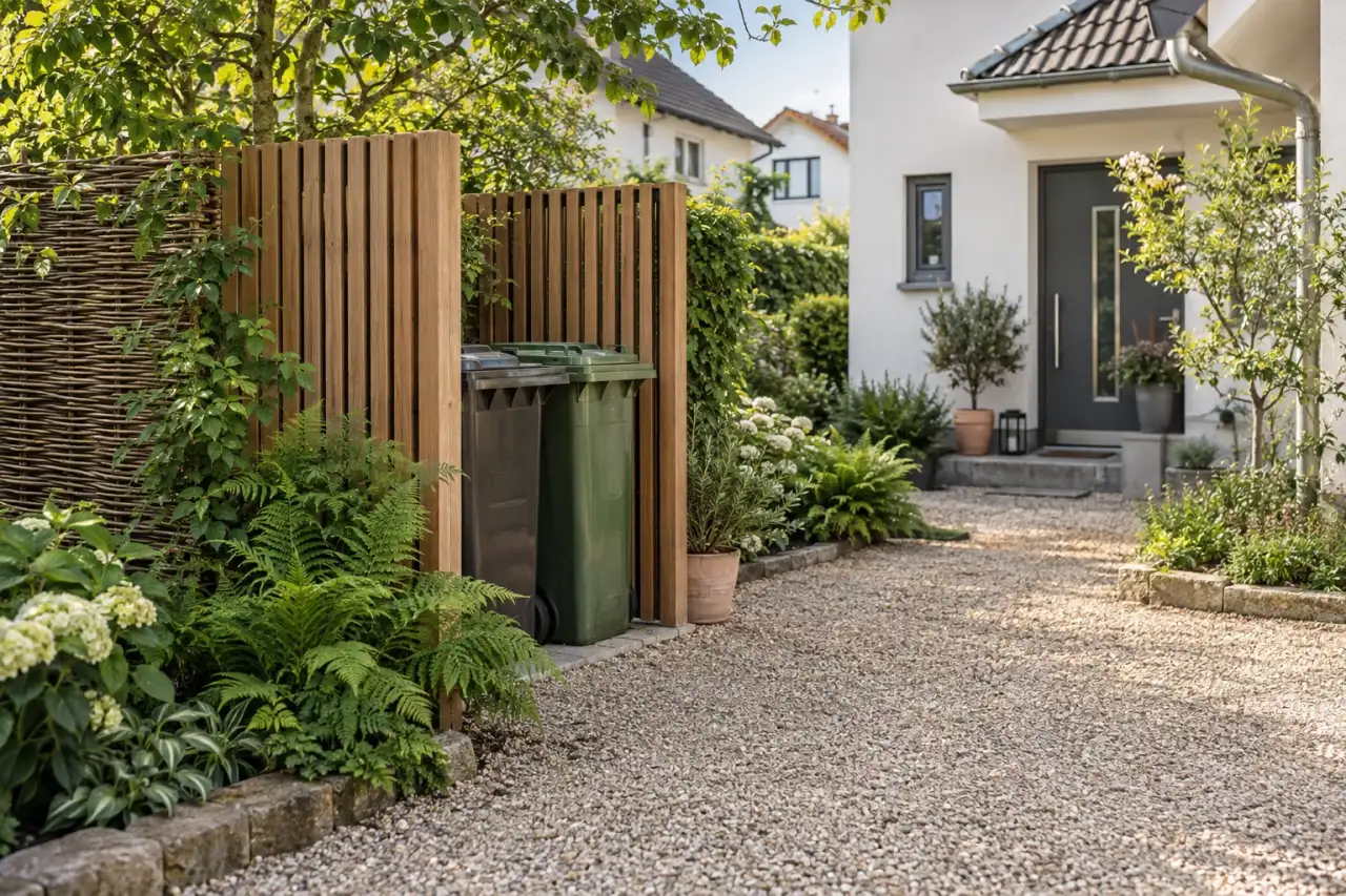 Naturnaher Müllplatz mit offenem Holzrhythmus und seitlicher Weidenwand.