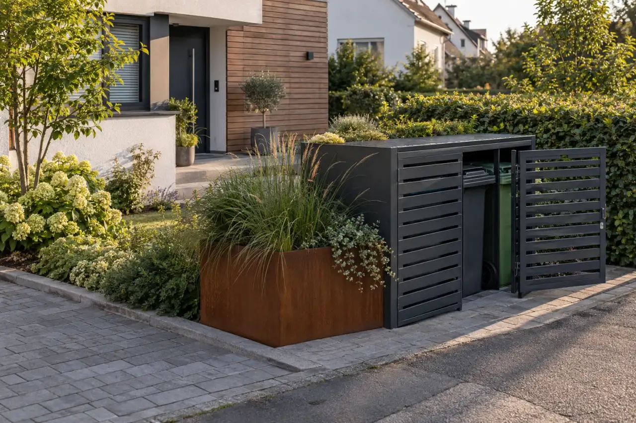 Moderner Müllplatz mit freier Front, Pflanzkasten und abgestimmter Hausfassade.