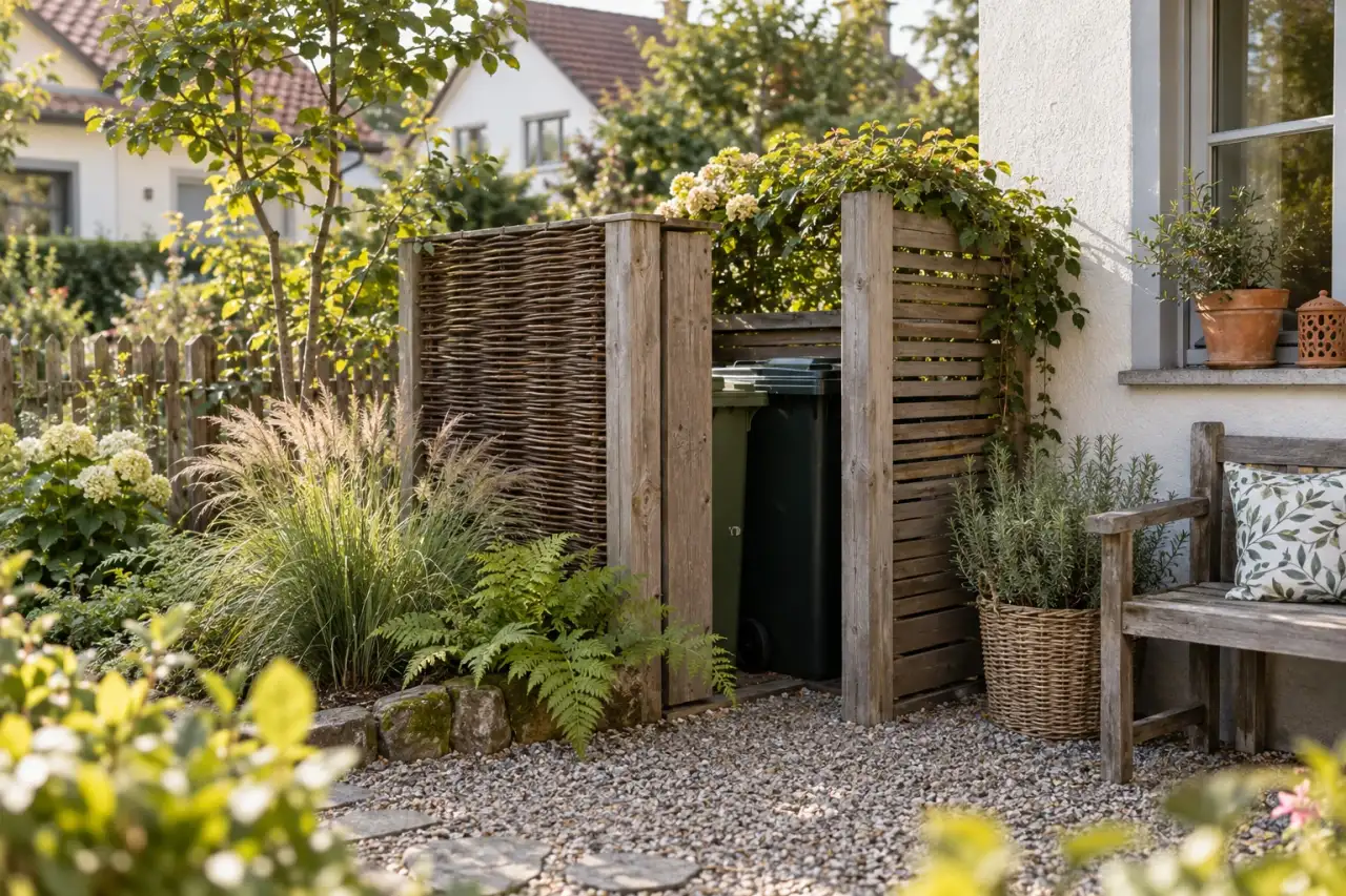 Warmer naturnaher Müllplatz mit Holz, Weide und Farnen.
