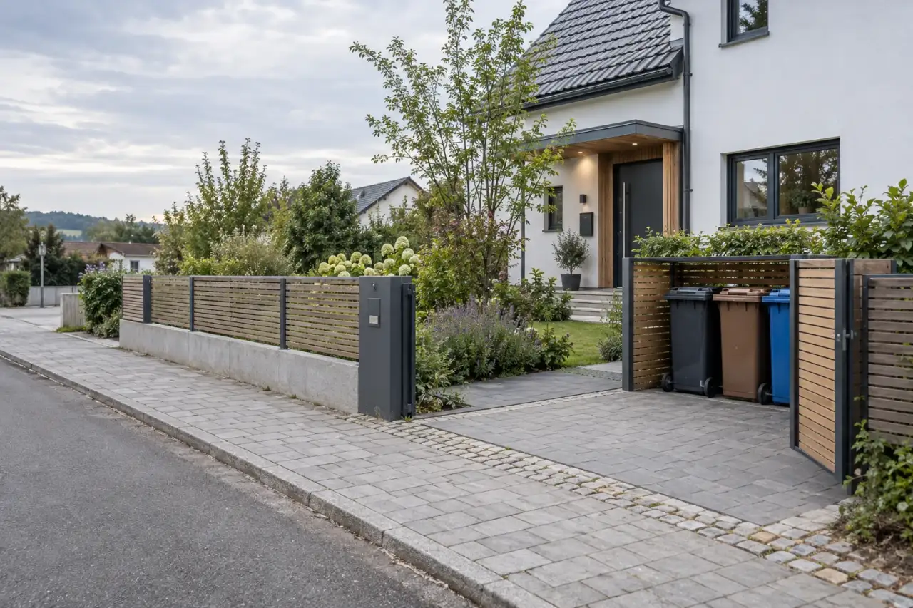 Vorgarten mit Haus, Zufahrt und vollständig sichtbarem Stellplatz für drei Mülltonnen.