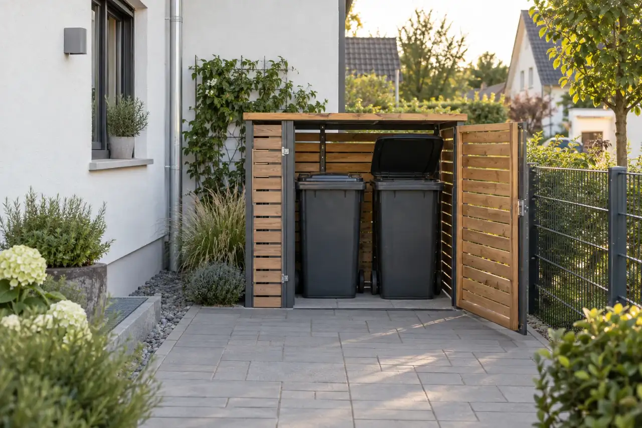 Fertige kombinierte Einhausung mit geöffnetem Zugang zwischen Haus, Weg und Zaun.