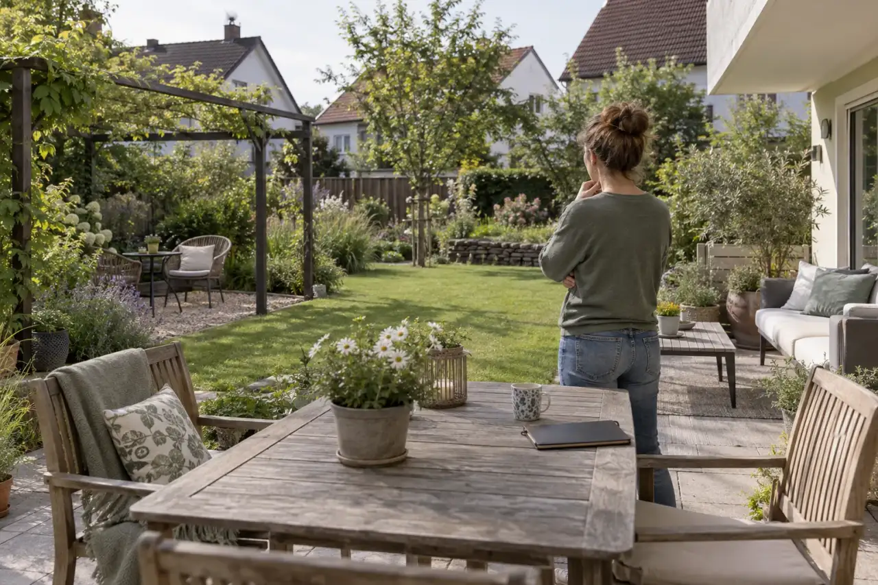 Person betrachtet die Raumwirkung von Terrasse, Pergola und Garten.