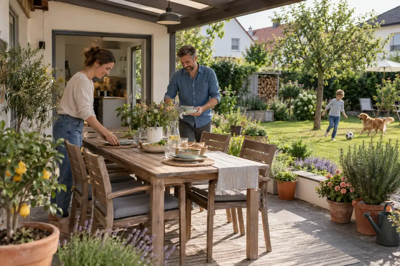 Essplatz wird passend zu Hauszugang und Gartenfläche angeordnet.