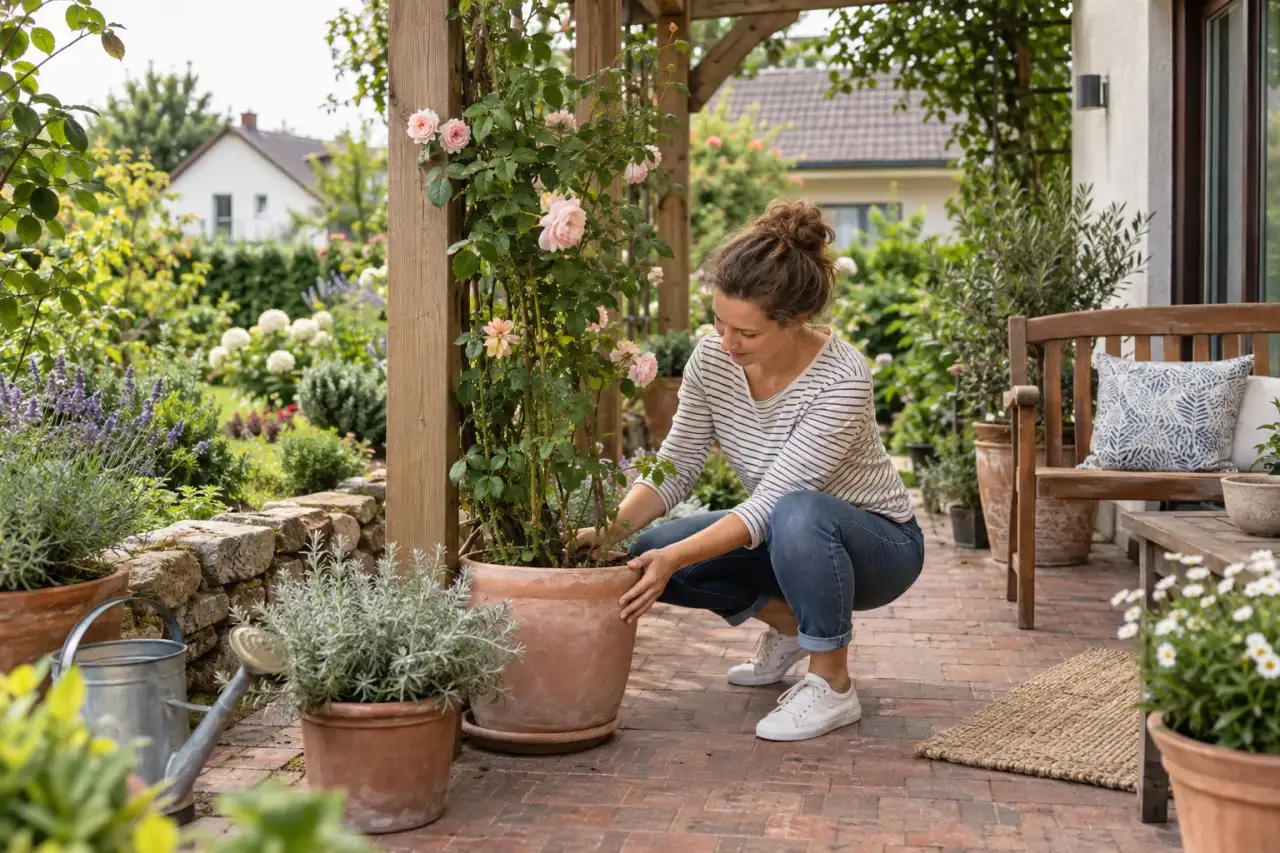 Kletterrose und Terrakottatopf werden mit Holz und Ziegel verbunden.