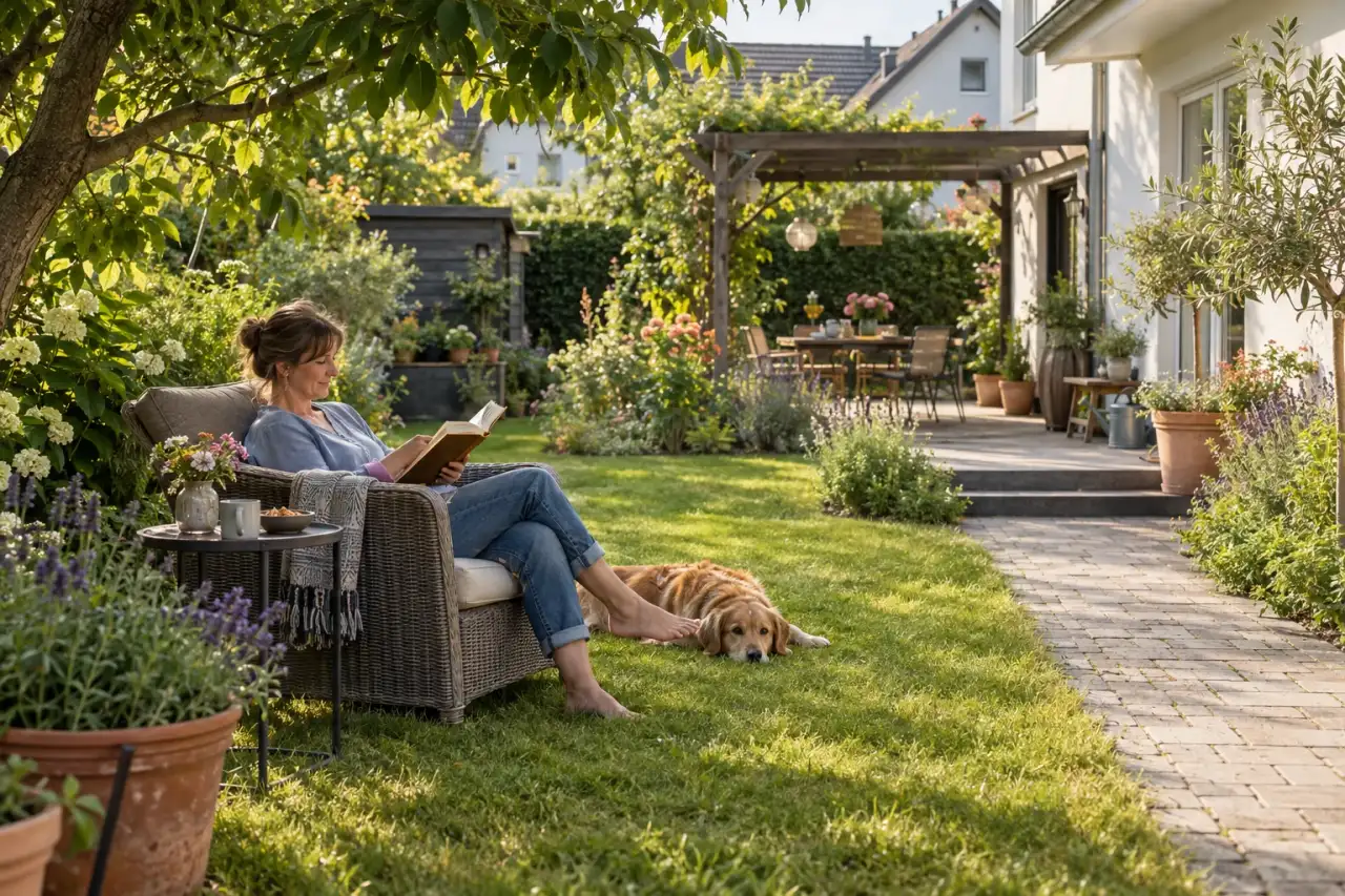 Lesesessel im Schatten als realistische Alltagsszene im Garten.